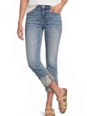 Driftwood Colette Stretch Denim Embroidered Daisy Cuffed Cropped Straight Leg